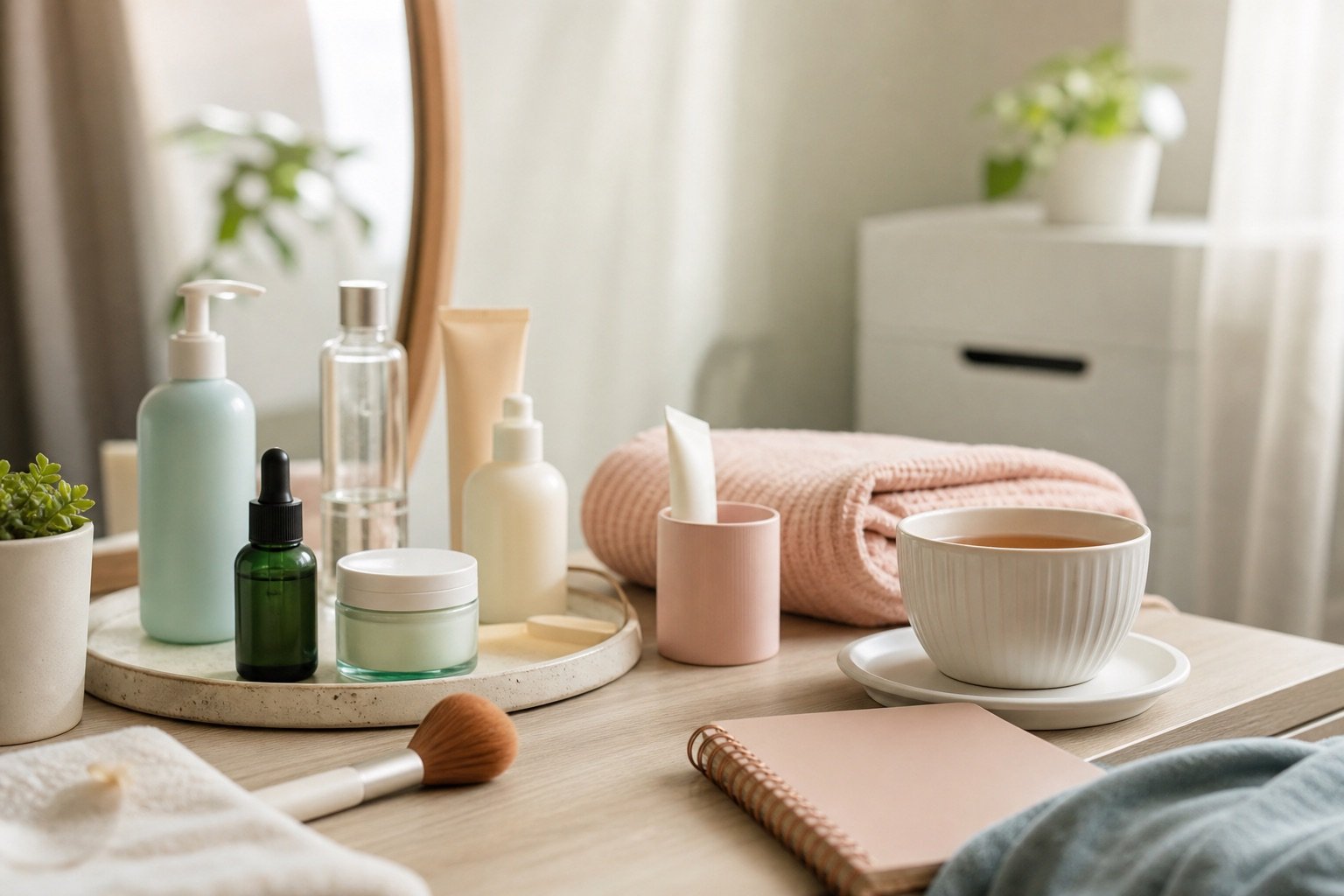 A calm vanity with skincare, makeup tools, a towel, and a cup of tea