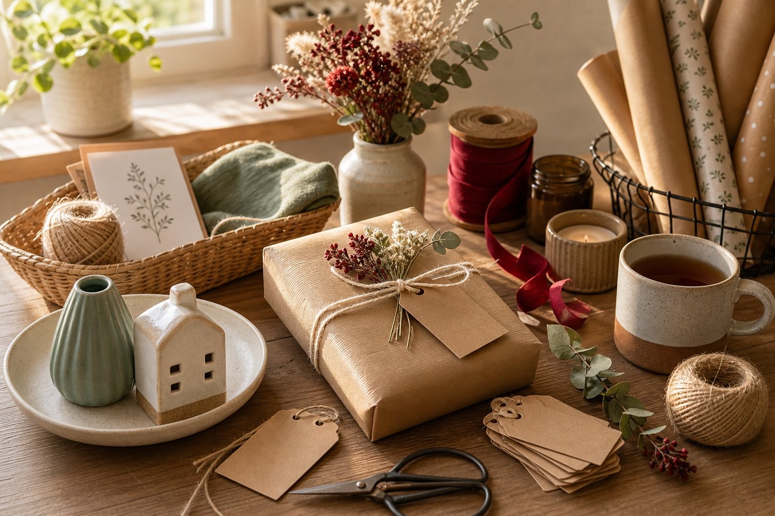 A handmade gift wrapping table with kraft paper, ribbon, dried flowers, and blank gift tags