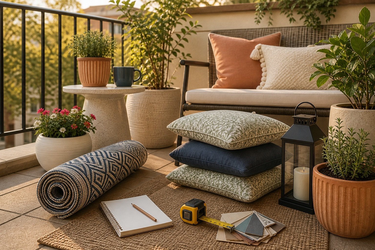 A sunny patio corner with plants, cushions, an outdoor rug, and a measuring tape