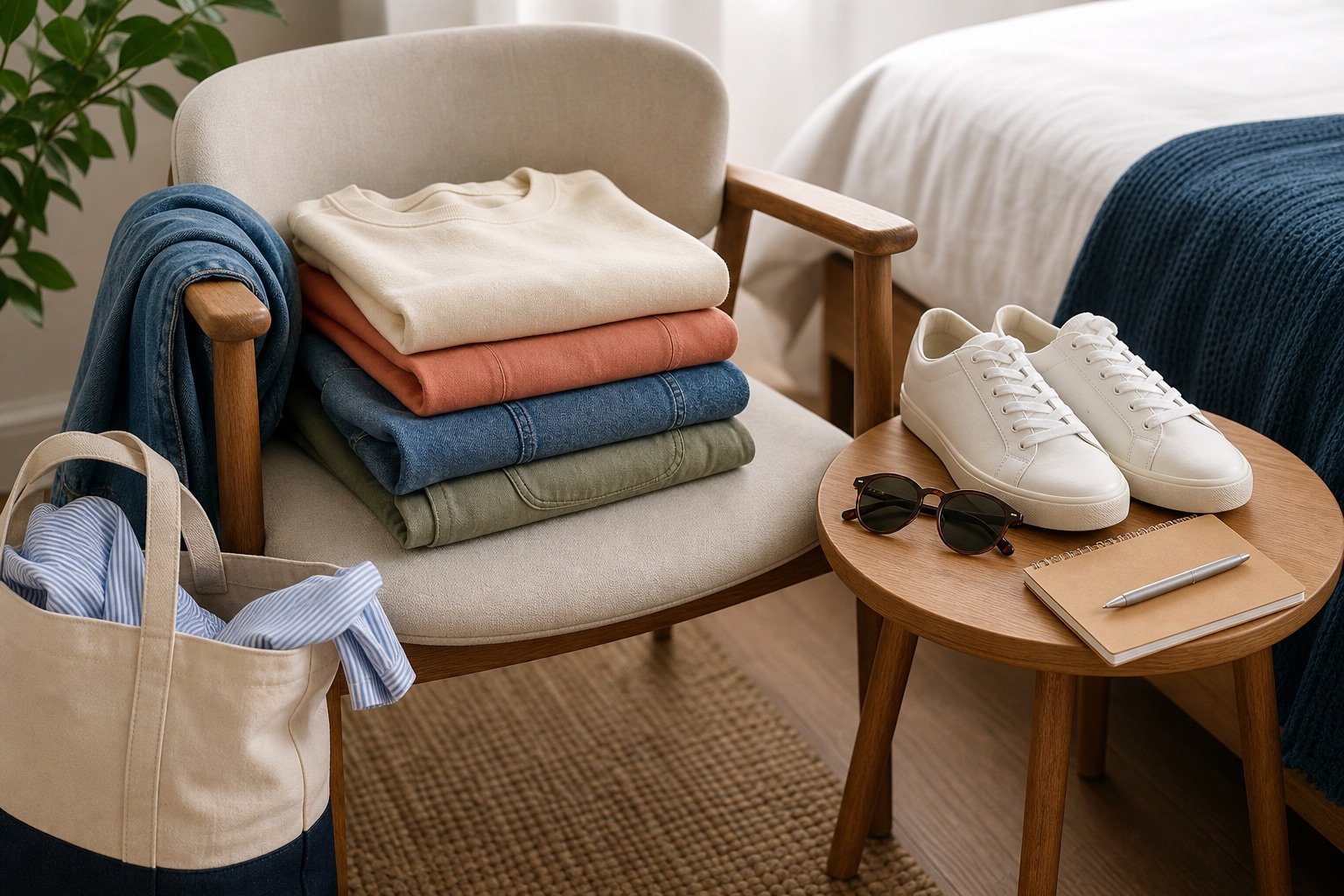 Folded everyday clothes arranged as a practical next-size wardrobe plan