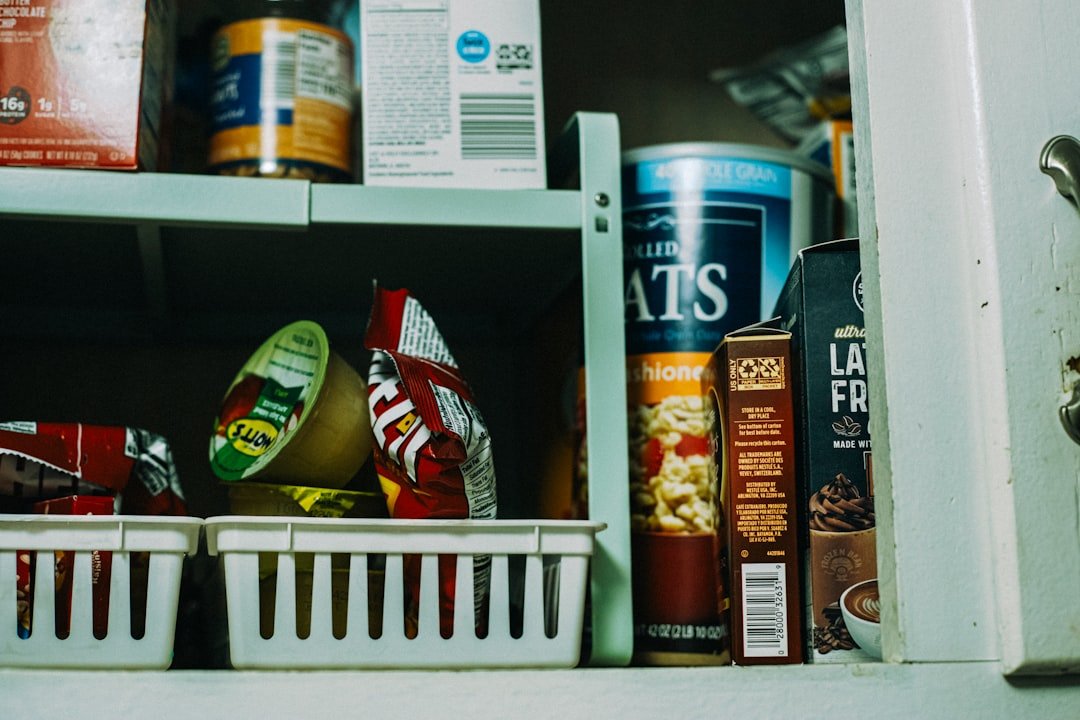 a shelf filled with lots of different types of food